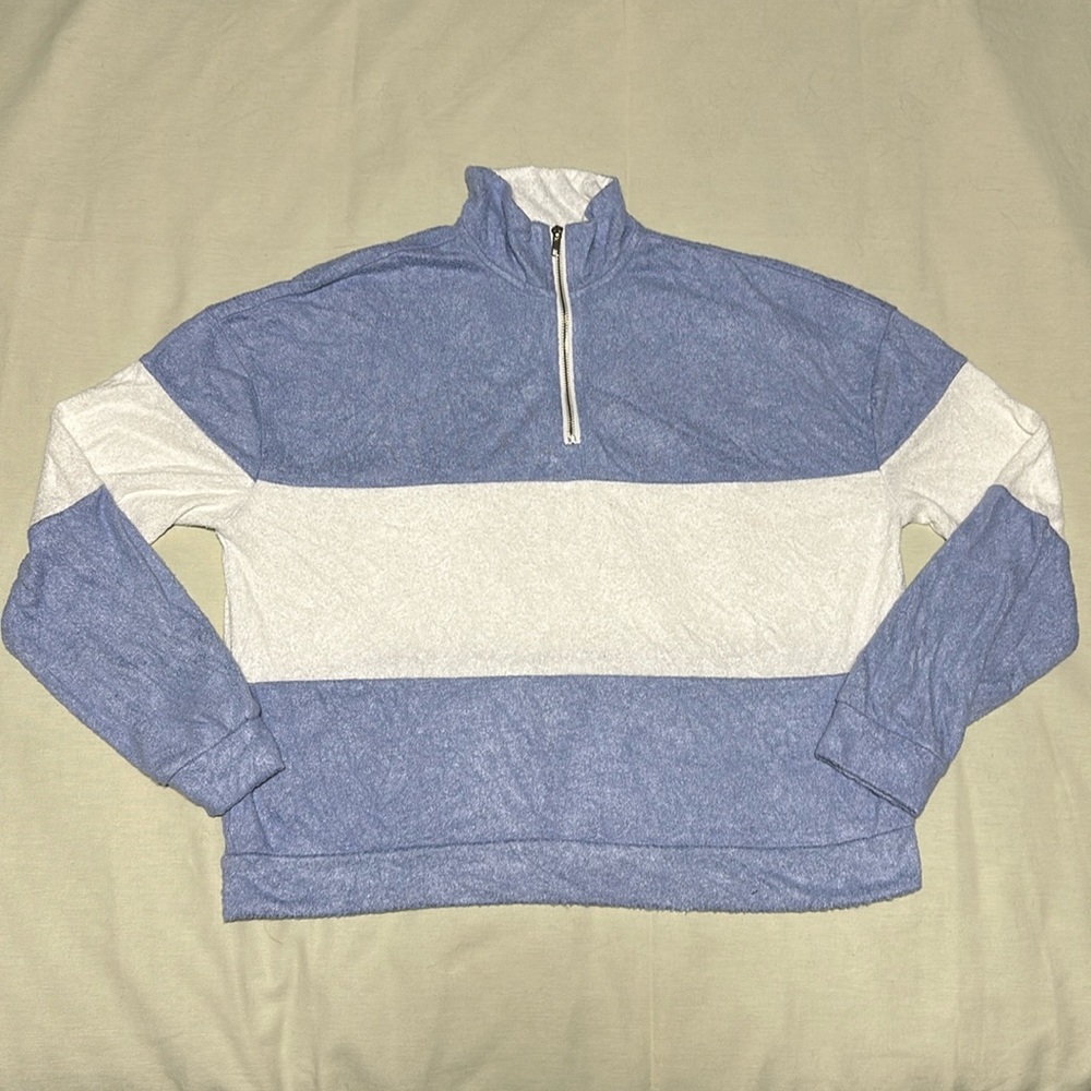 1/4 zip light, terry pullover in light blue and cream